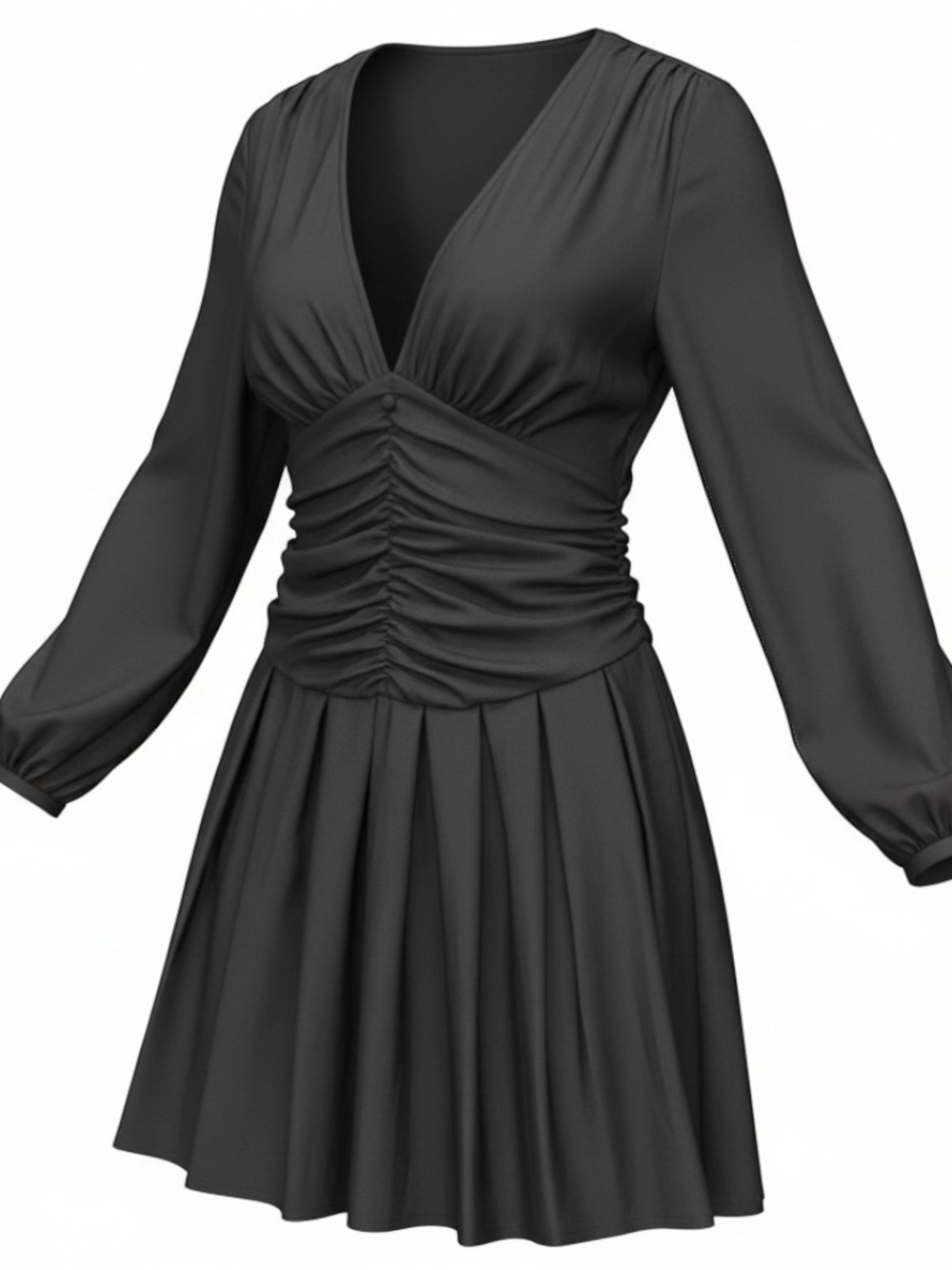 Classic Black Pleated Mini Dress Long Sleeve Ruched Waist A Neckline Women's 2XL